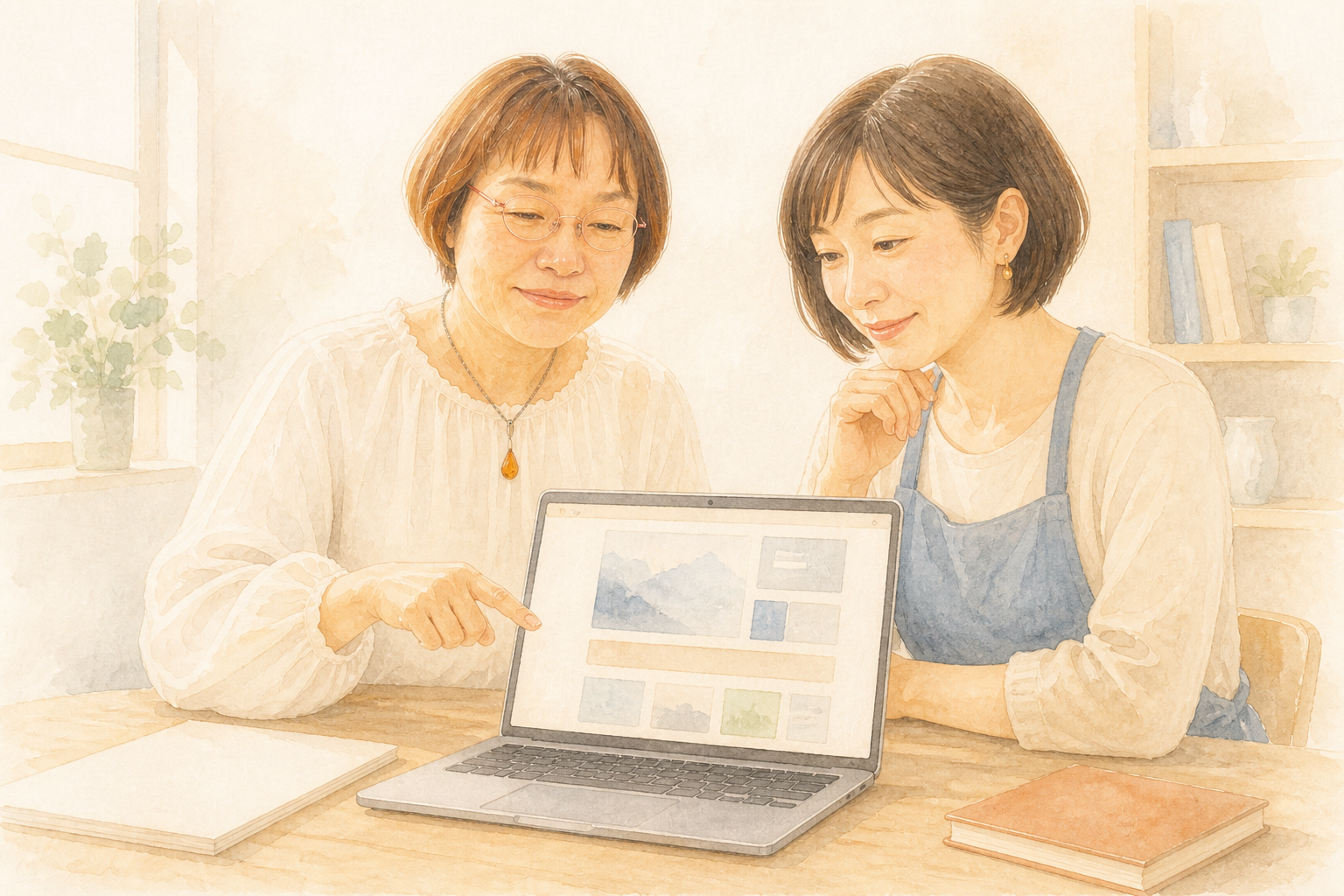 完成した自己紹介ページを見ながら相談者と一緒に伝わる言葉を見つける細谷恵美子