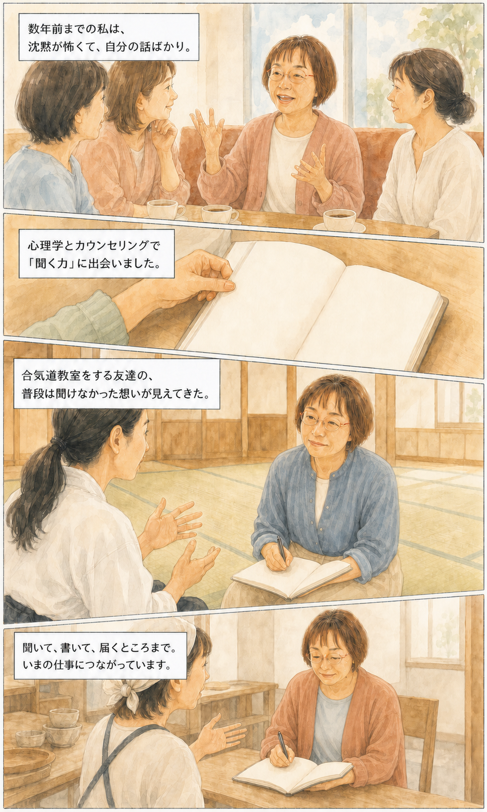 自分の話ばかりだった細谷さんが心理学と友達への傾聴を経てインタビューライターになるまでの4コマ漫画