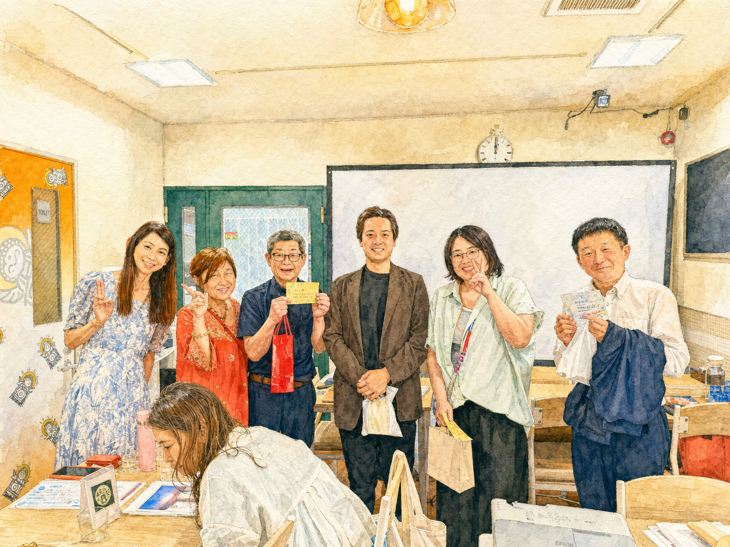8月生まれの参加者がプレゼントを手に記念撮影する水彩イラスト