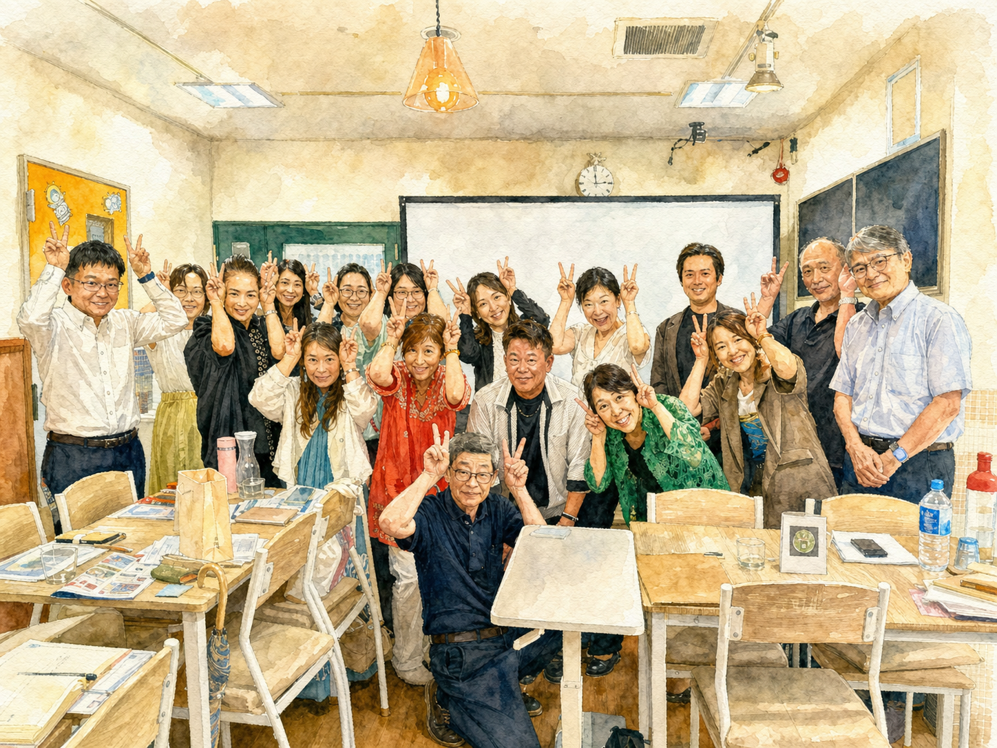 参加者17名が笑顔とピースサインで並ぶ集合写真の水彩イラスト