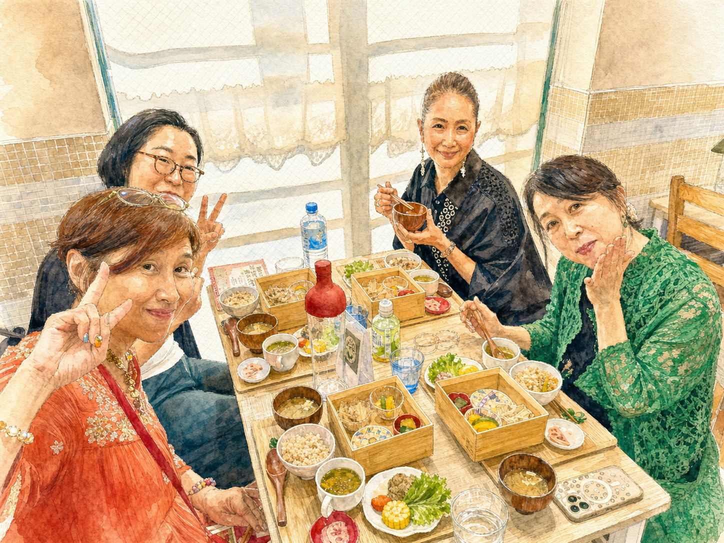 オーガニックランチを囲み笑顔を見せる参加者の水彩イラスト