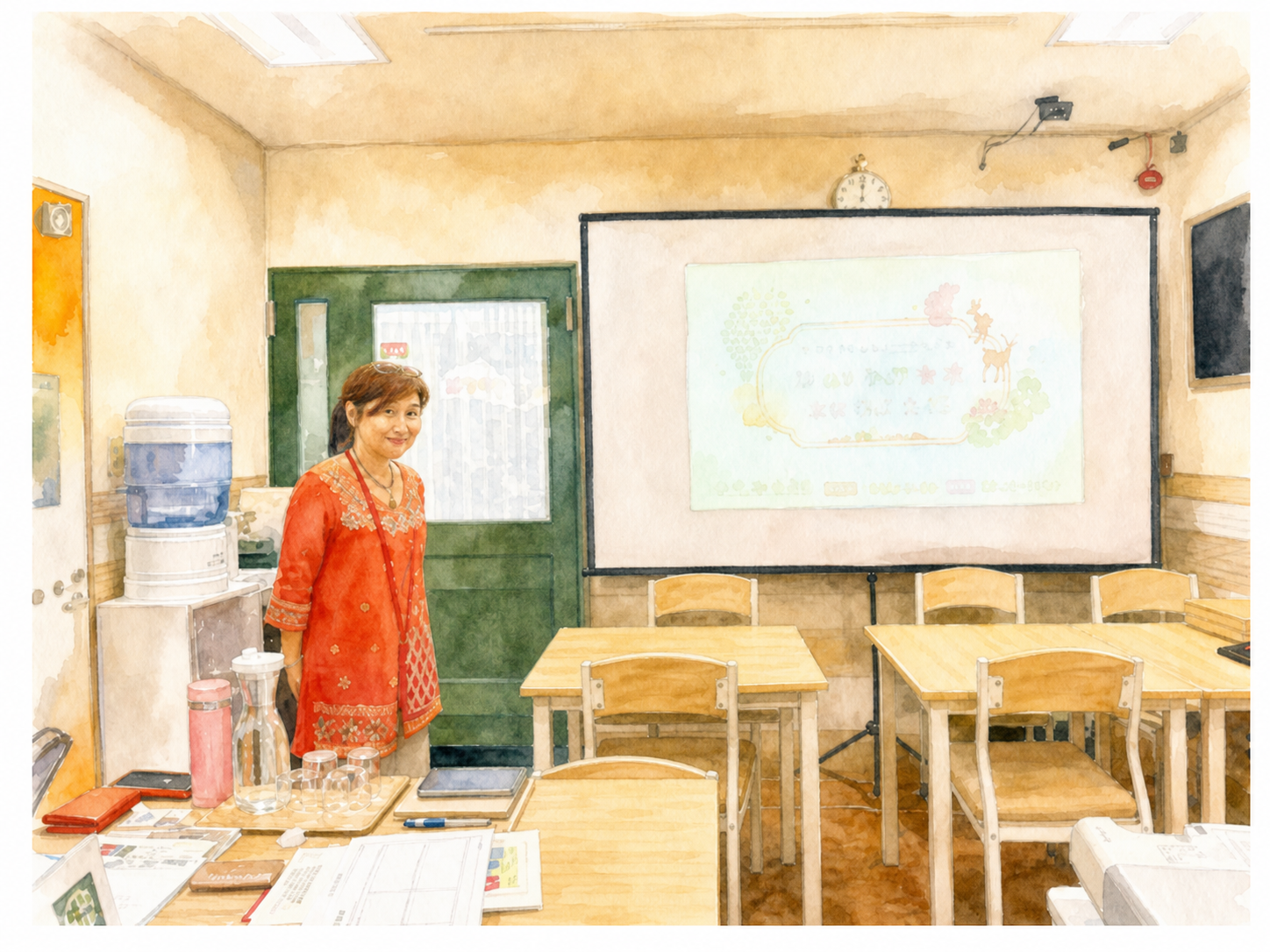 赤い服のみちゃこさんが第3回例会を開会している水彩イラスト