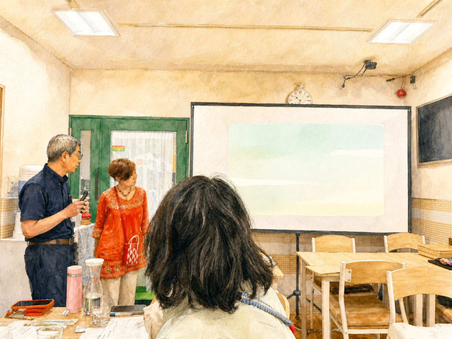さこネギーの時間に南迫さんとみちゃこさんがスクリーン前で話す水彩イラスト