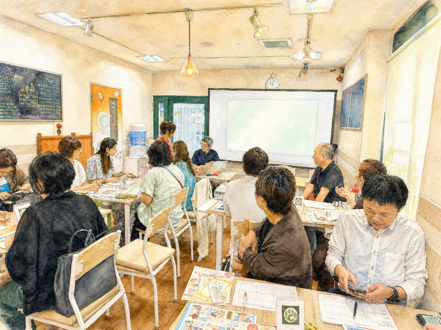 参加者がタイムテーブルを見ながら例会の流れを確認している水彩イラスト