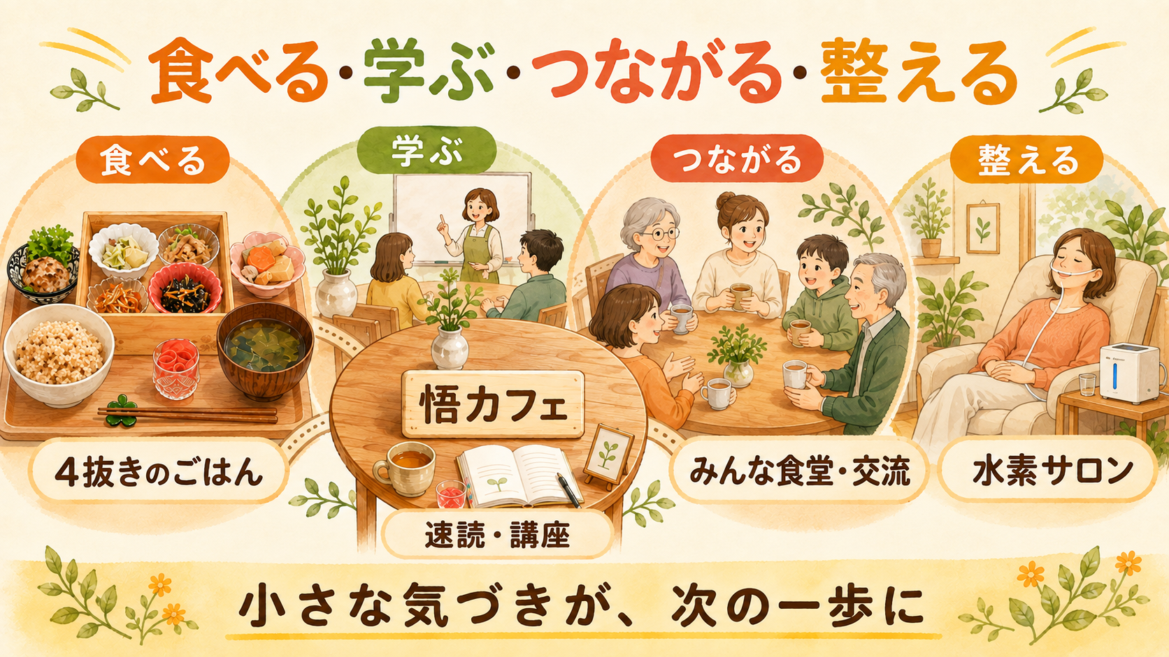 悟カフェの「食べる・学ぶ・つながる・整える」を、水素サロンを含む4つの入口として示した図解