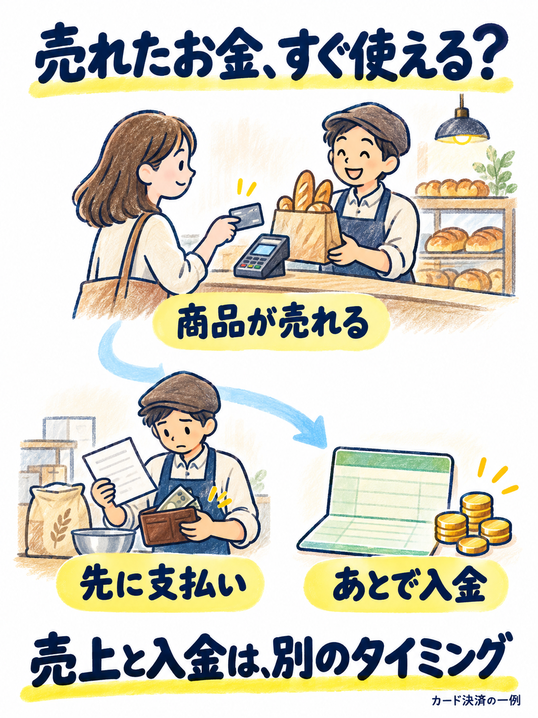 パン屋でカード決済の売上が発生し、材料代を先に払い、そのあと売上代金が口座に入る一例