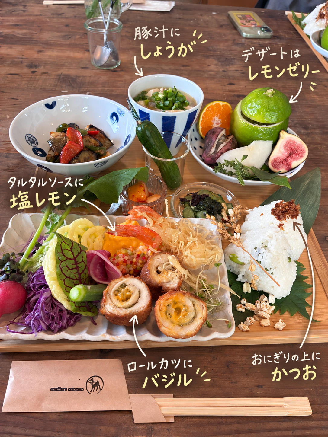 コトコトのお食事会のランチに手書き風の注釈。ロールカツにはバジル、タルタルソースには塩レモン、豚汁にはしょうが、おにぎりの上にはかつお、デザートはレモンゼリー