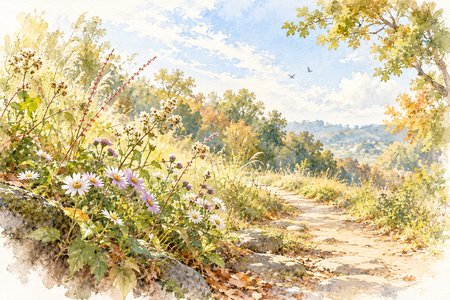 秋の草花から、明るい空へ続く小道を描いた水彩のイメージイラスト