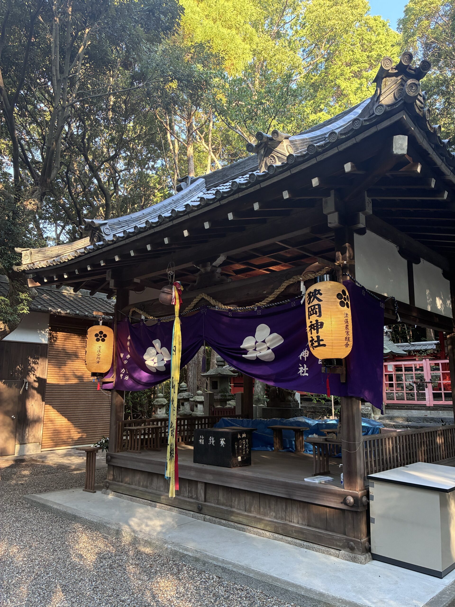 紫の幕と提灯が掛けられた狭岡神社のお社